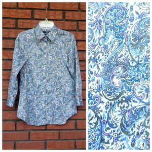 Chaps No Iron Button Up Shirt Womens S Blue Paisley 100% Cotton 3/4 Sleeve
